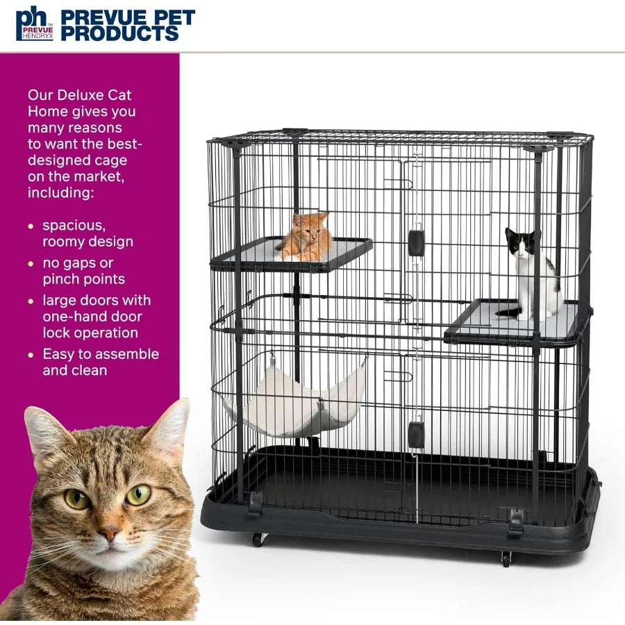 Prevue Pet Products Deluxe Cat Home with 3 Levels Metal and Plastic Crate Kennel Home for Cats and Kittens MultiLevel Cage Blac