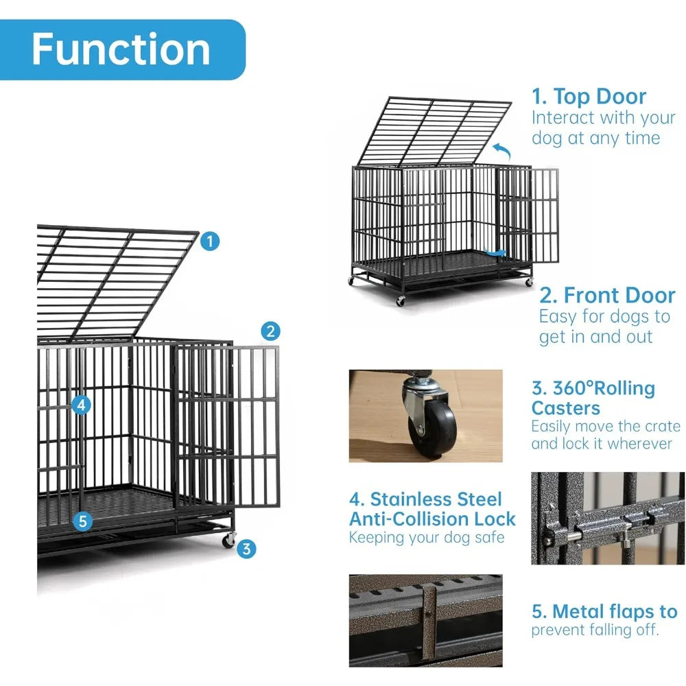 60 inch Heavy Duty Dog Crate, Folding Dog Kennel No Assembly, Escape Proof Large Dog Cage Kennel with Lockable Wheels, High Anxi