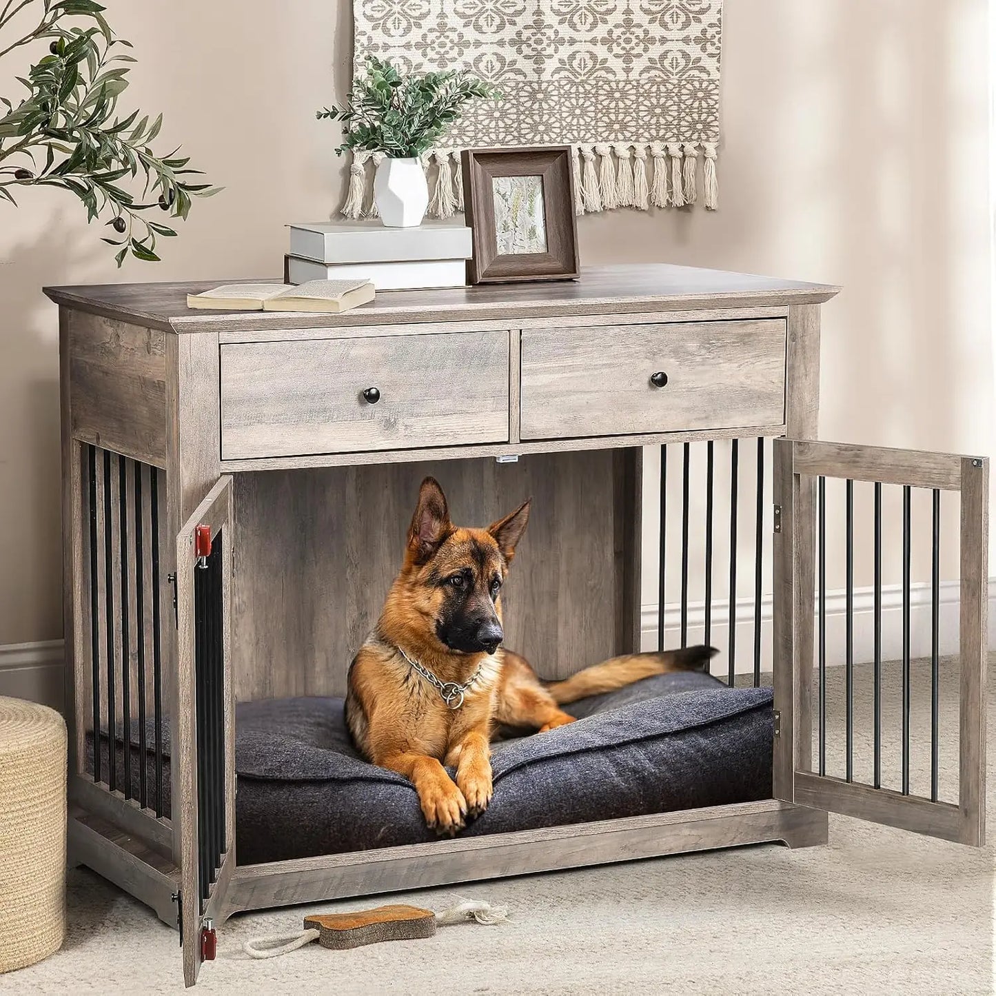 44 Inch Large Dog Crate Furniture,Wooden Dog Kennel End Table with Storage Drawers,Decorative Pet Cage Dog House Indoor for Dogs