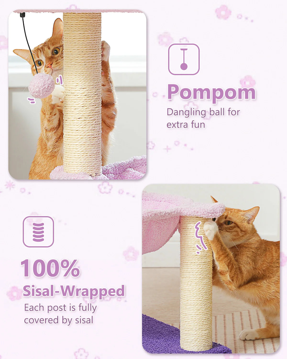 Flower Cat Tree with Sisal Scratching Post Large Hammock Soft Top Perch Small Cat Tower for Indoor Cute Cat Scratcher Kitten Toy