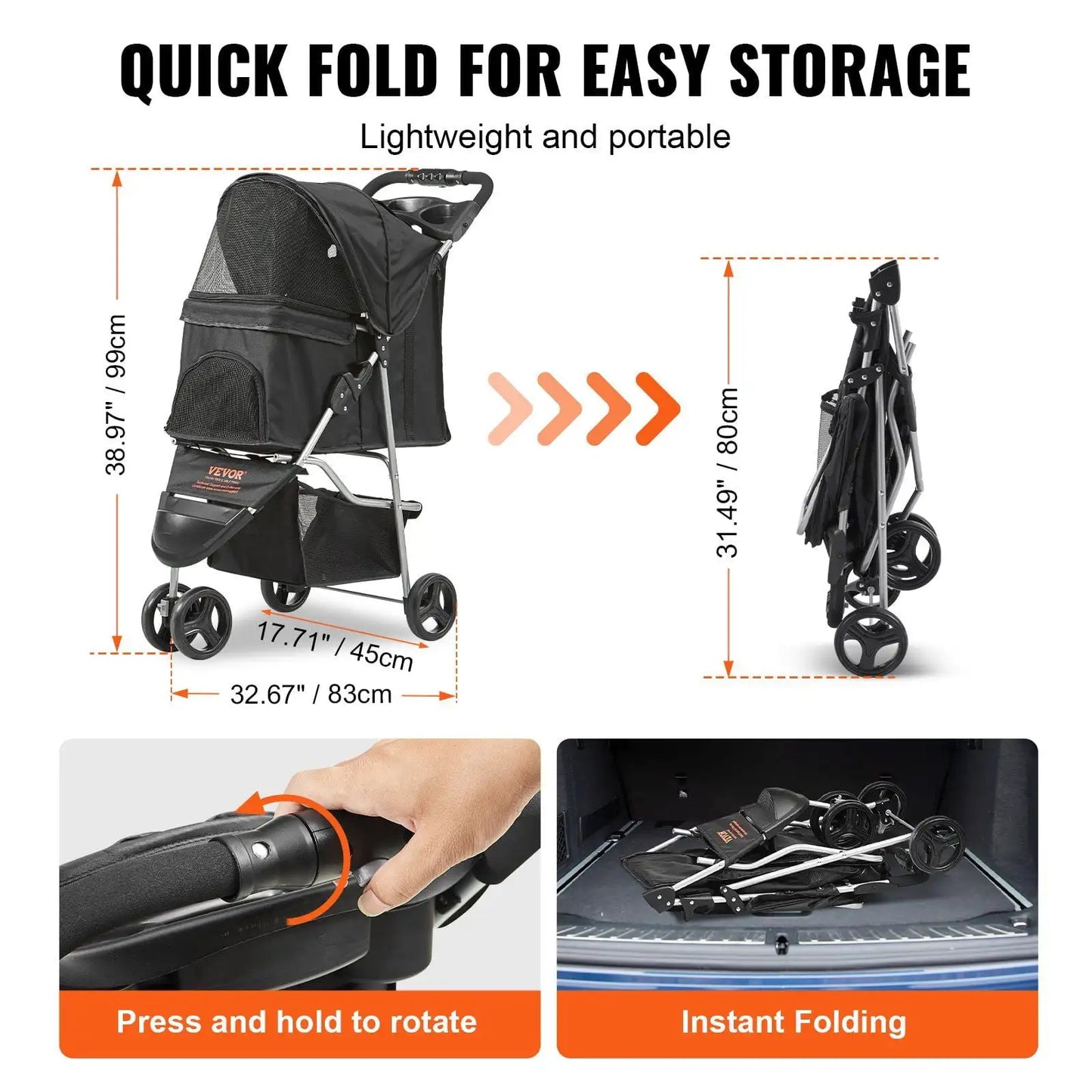 New Pet Stroller, 3 Wheels Dog Stroller Rotate with Brakes, 35lbs Weight Capacity, Puppy Stroller with Front Pedal, Velcro