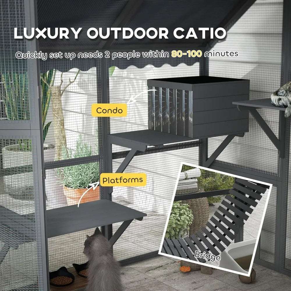 Large Catio Outdoor Cat Enclosure for Multiple Kittens, Wooden Cat House with Waterproof Cover, Walk in Kitty Cage Kennel with