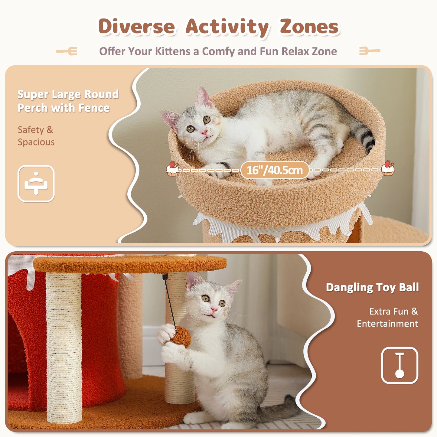 Multi-Level Cat Bed Cat House, Large Cat Condos for Indoor, Cute Cat Tree Tower with Sisal Scratching Posts, Pompoms, Kitten Toy