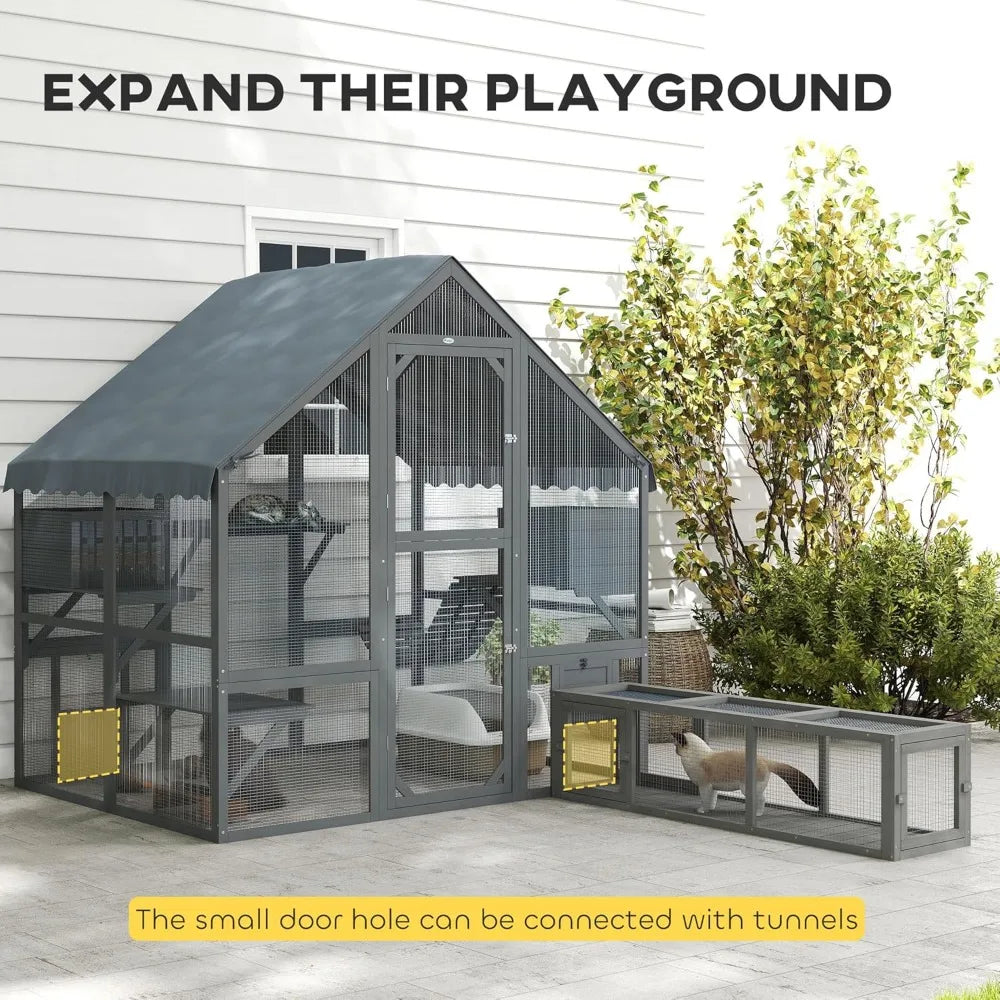 Large Catio Outdoor Cat Enclosure for Multiple Kittens, Wooden Cat House with Waterproof Cover, Walk in Kitty Cage Kennel with