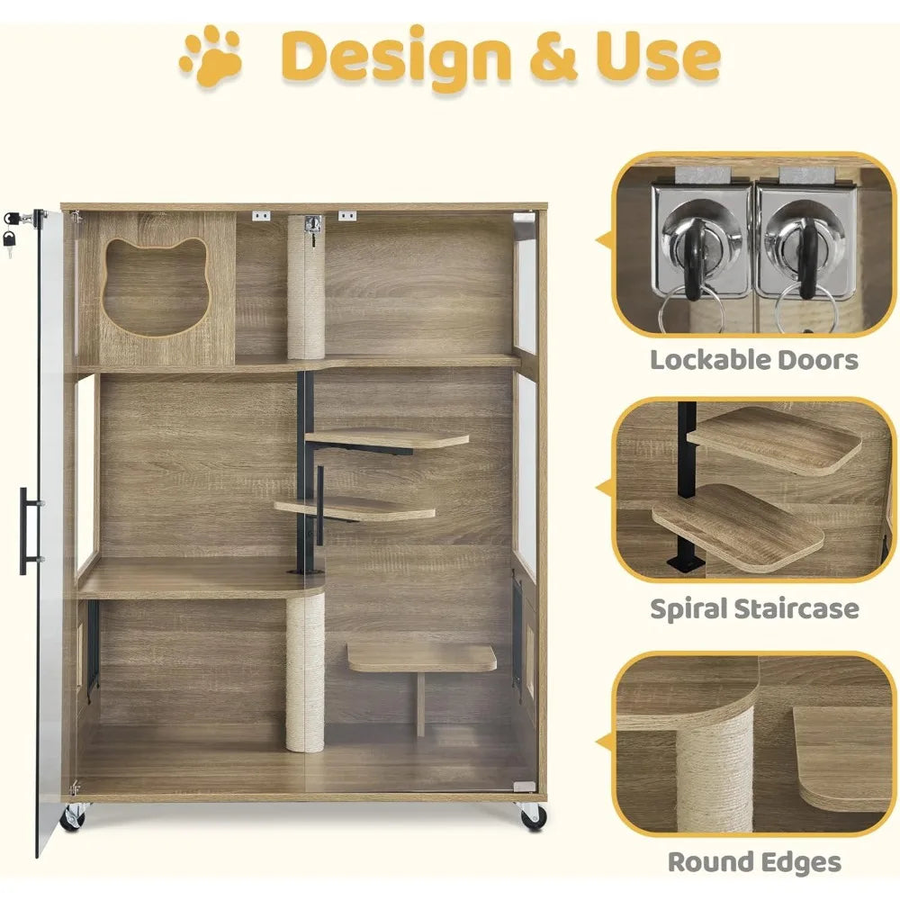 Luxury Wooden Cat Condo with Scratching Posts, Large Indoor Kitten Enclosure featuring Lockable Wheels and Emergency Exit