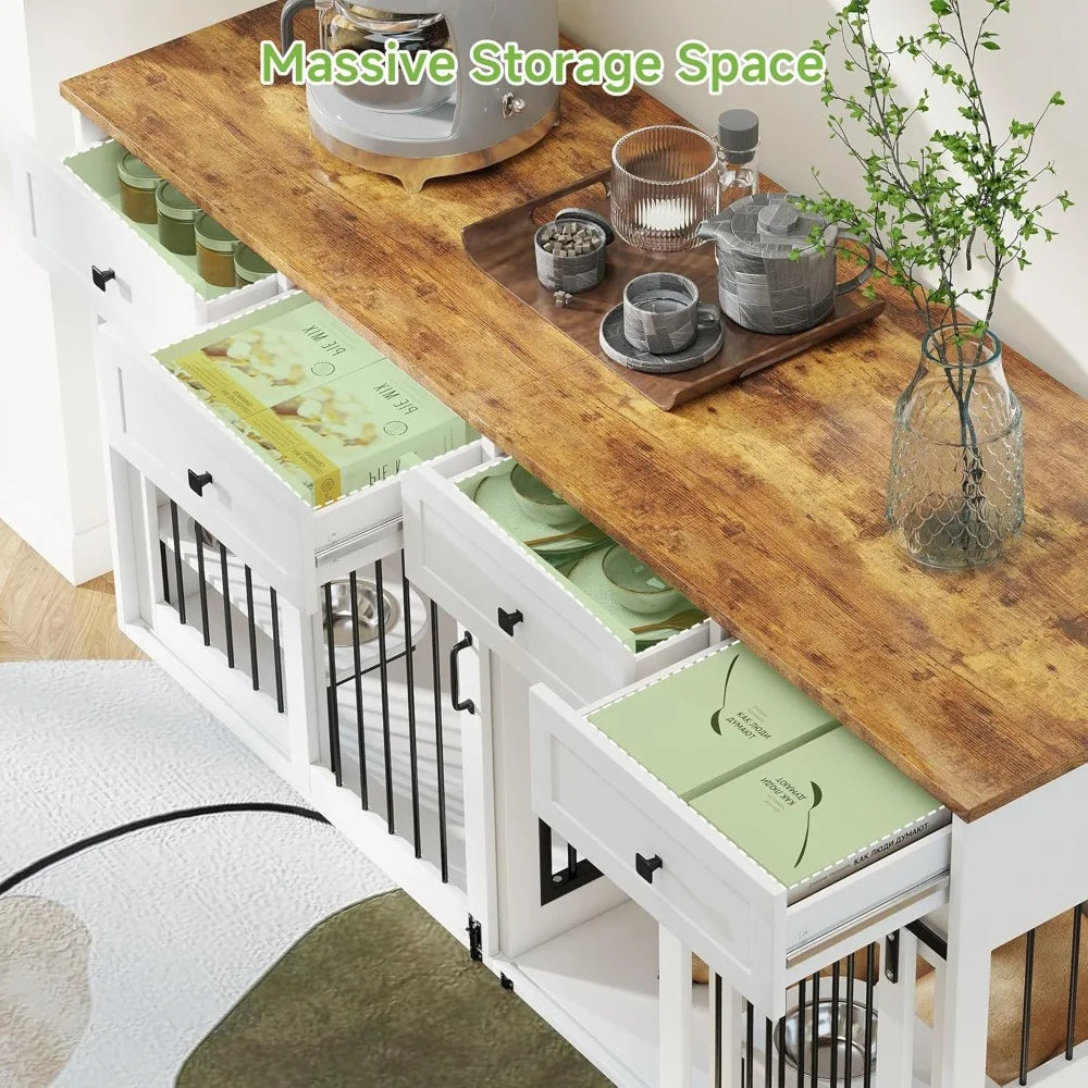 71" Double Dog Crate Furniture, Large Wooden Dog Kennel Furniture with 2 Drawers, Divider and Sliding Door, Indoor Dog House TV