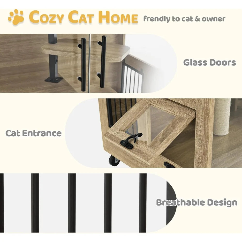Luxury Wooden Cat Condo with Scratching Posts, Large Indoor Kitten Enclosure featuring Lockable Wheels and Emergency Exit