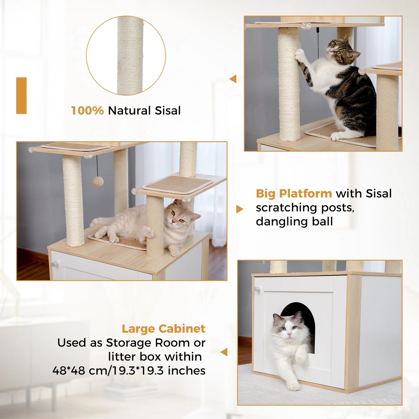 Wood Cat Tree with Storage Cabinet Sisal Scratching Post Cozy Cat Condo Soft Hammock Large Cat Tower for Indoor Cat Accessories