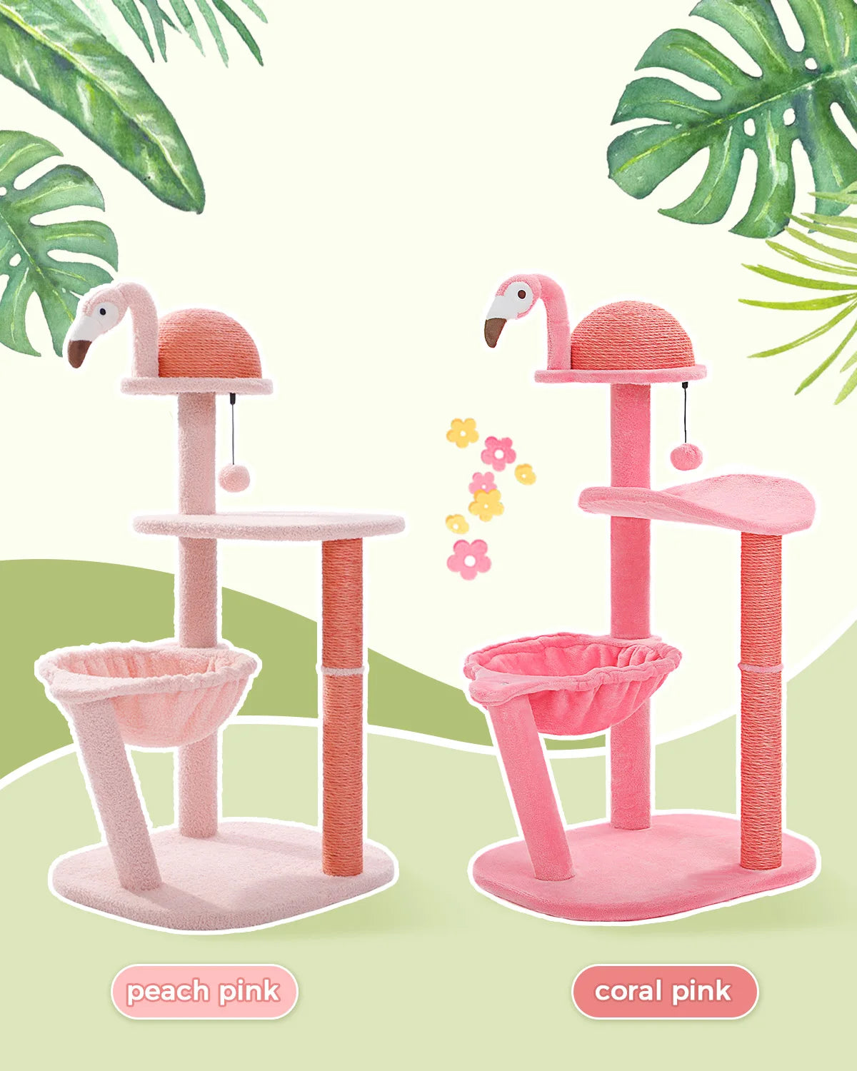 Multi-Level Flamingo Cat Tree with Scratching Posts, Hammock, Perch, Cute Cat Tower, Indoor Pink Cat Scratcher, Kittens Toys