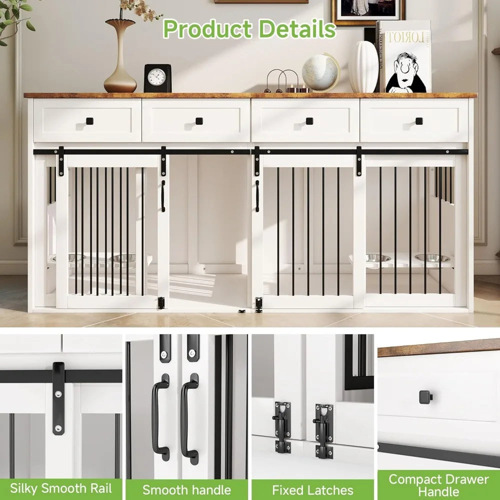 71" Double Dog Crate Furniture, Large Wooden Dog Kennel Furniture with 2 Drawers, Divider and Sliding Door, Indoor Dog House TV