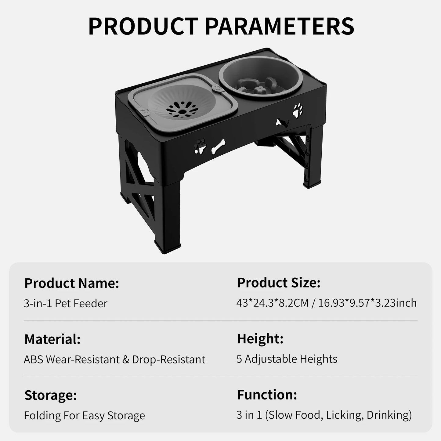 3 In 1 Pet Feeder Slow Feed Bowls Double Bowls Foldable With 5 Adjustable Height Suitable For Pets Of Different Heights