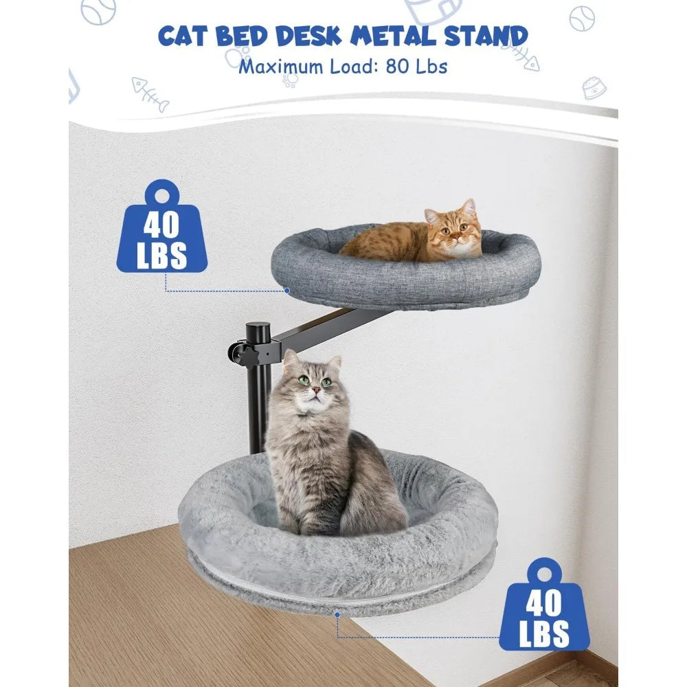 Double Cat Desk Bed, 360° Rotating Elevated Desk Cat Bed, Adjustable Raised Desk Kitten Bed Up to 80 LBS, Washable Soft Fabric P