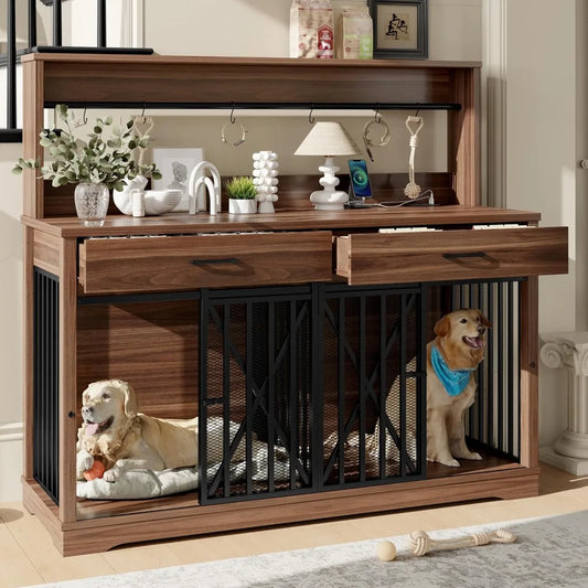 55.1" Dog Crate Furniture Heavy Duty Dog Cage with 2 Storage Drawers and Shelves TV Stand Side End Table Divider Locks for 2 Do