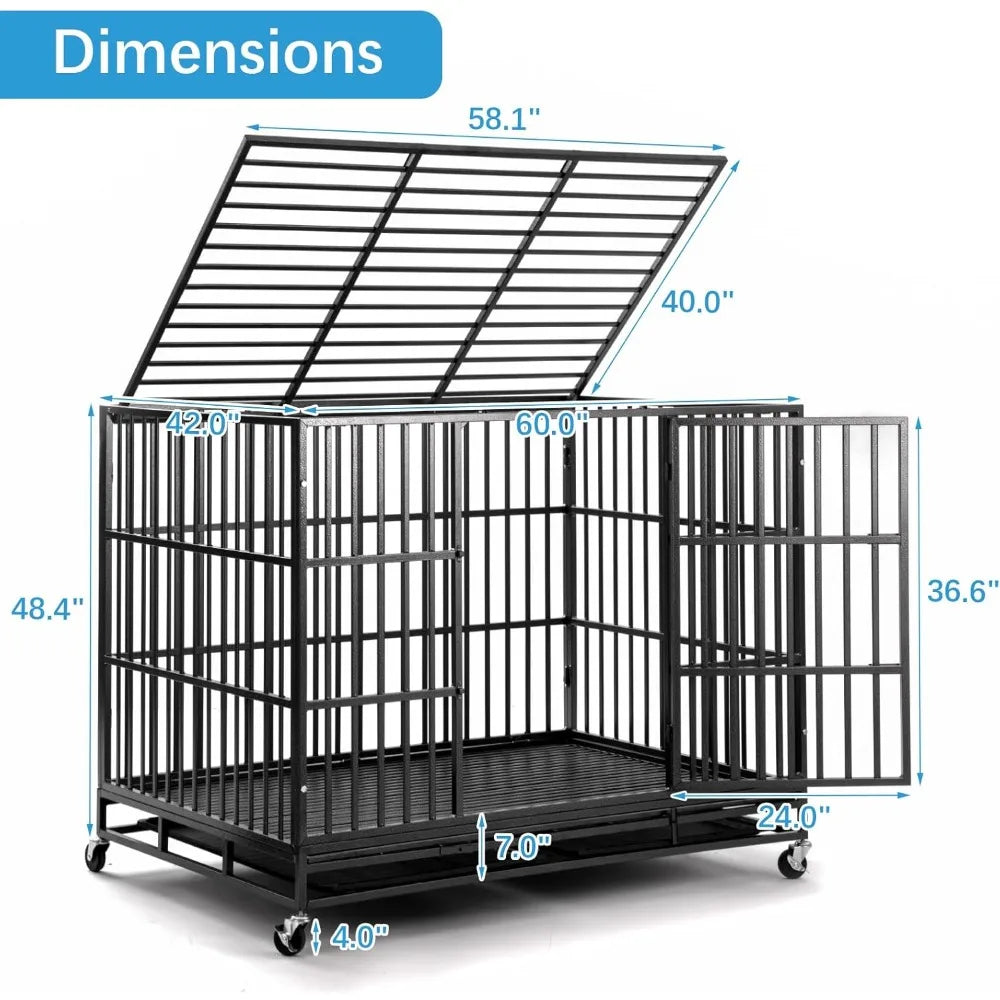 60 inch Heavy Duty Dog Crate, Folding Dog Kennel No Assembly, Escape Proof Large Dog Cage Kennel with Lockable Wheels, High Anxi
