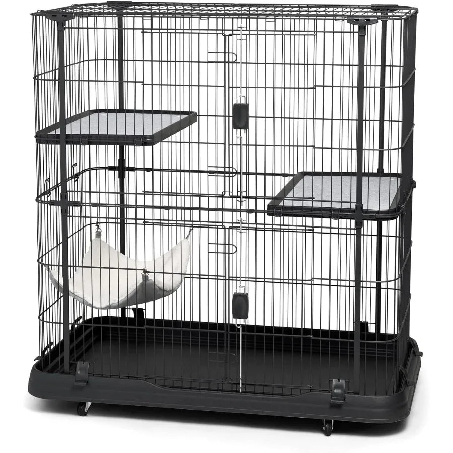 Prevue Pet Products Deluxe Cat Home with 3 Levels Metal and Plastic Crate Kennel Home for Cats and Kittens MultiLevel Cage Blac