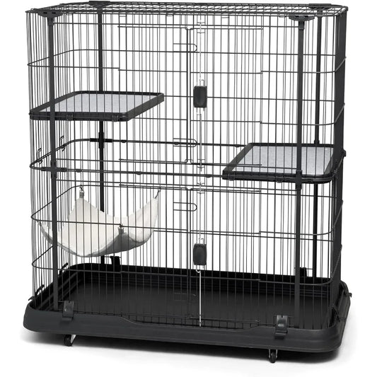 Prevue Pet Products Deluxe Cat Home with 3 Levels Metal and Plastic Crate Kennel Home for Cats and Kittens MultiLevel Cage Blac
