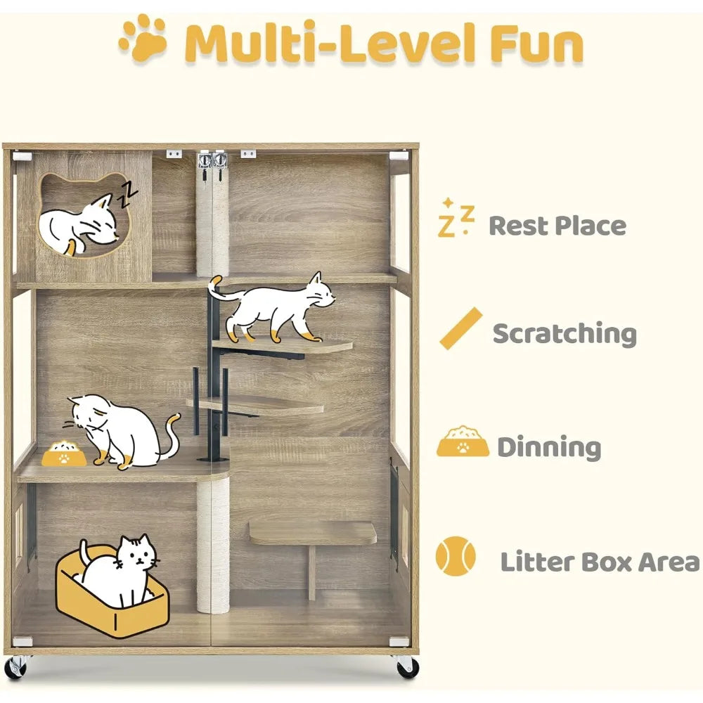 Luxury Wooden Cat Condo with Scratching Posts, Large Indoor Kitten Enclosure featuring Lockable Wheels and Emergency Exit
