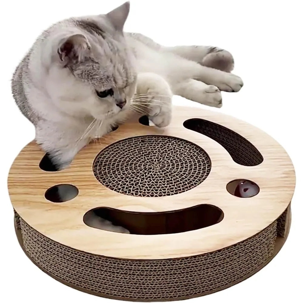 Cat Toy 3in 1 Kitten Puzzles Toys for Bored Indoor Cats with Cardboard and 2 Bell Balls Round Cats Scratcher