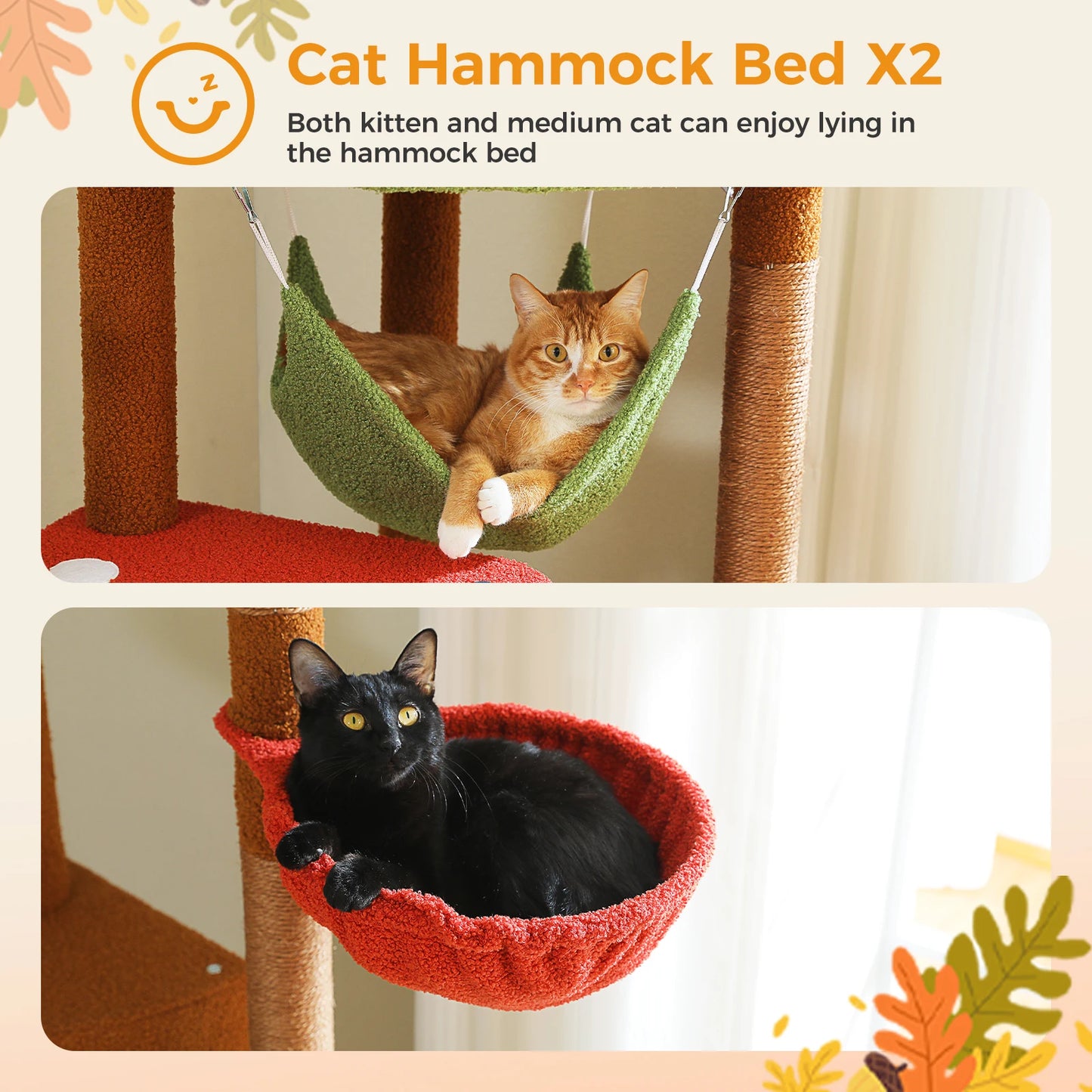 Adjustable Height Tall Cat Tree with Sisal Scratching Posts Spacious Condo Large Hammock Multi-Level Cat Tower Cat Accessories