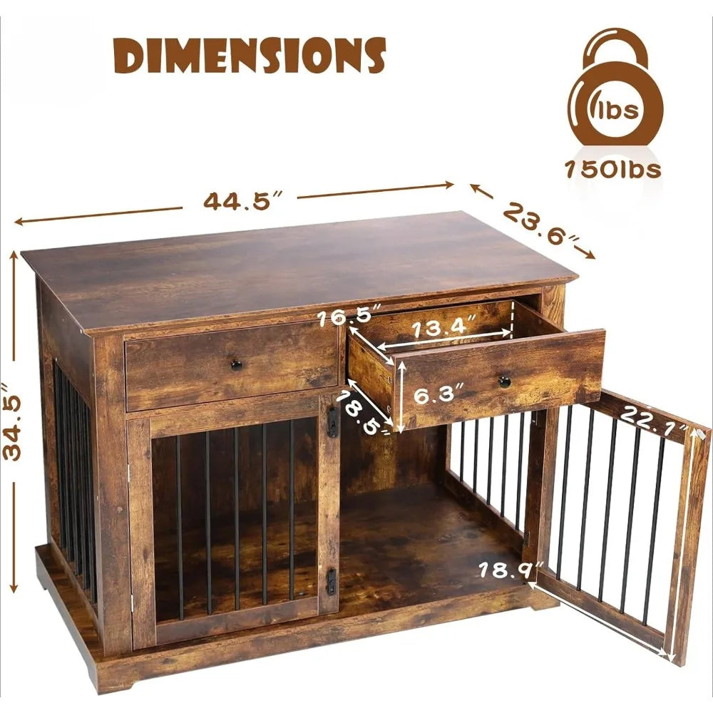 44 Inch Large Dog Crate Furniture,Wooden Dog Kennel End Table with Storage Drawers,Decorative Pet Cage Dog House Indoor for Dogs