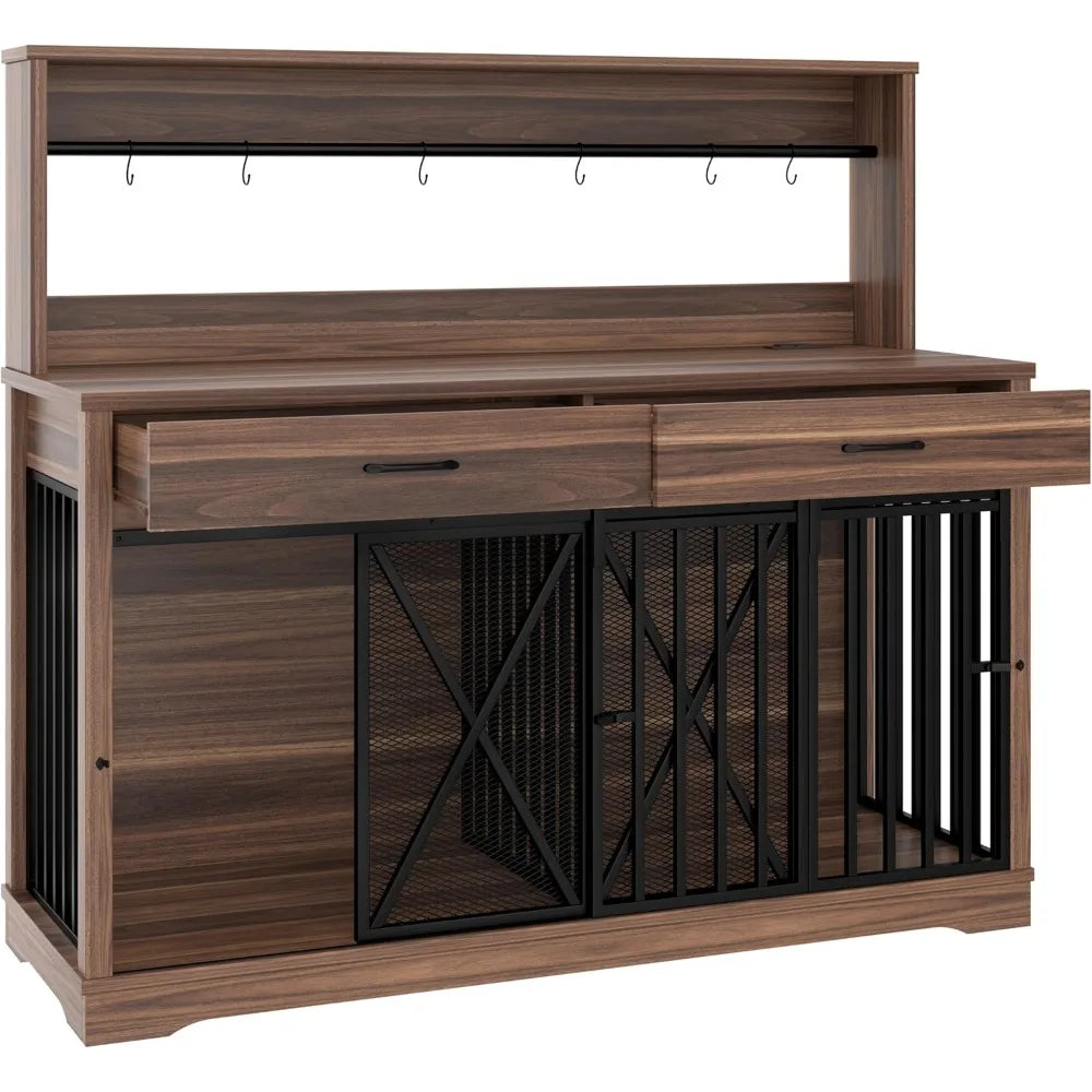 55.1" Dog Crate Furniture Heavy Duty Dog Cage with 2 Storage Drawers and Shelves TV Stand Side End Table Divider Locks for 2 Do