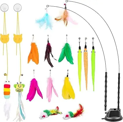 Depets Cat Wand Toy, 15 Pcs Interactive Cat Feather Toys for Indoor Self Play & Exercise, 2 Play Modes Kitten Teaser Wand, Reusa