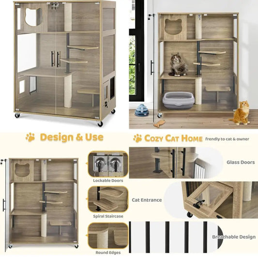 Luxury Wooden Cat Condo with Scratching Posts, Large Indoor Kitten Enclosure featuring Lockable Wheels and Emergency Exit