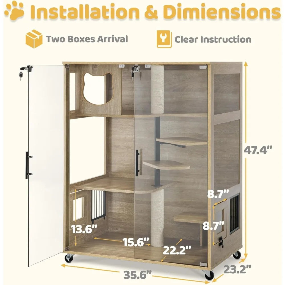 Luxury Wooden Cat Condo with Scratching Posts, Large Indoor Kitten Enclosure featuring Lockable Wheels and Emergency Exit