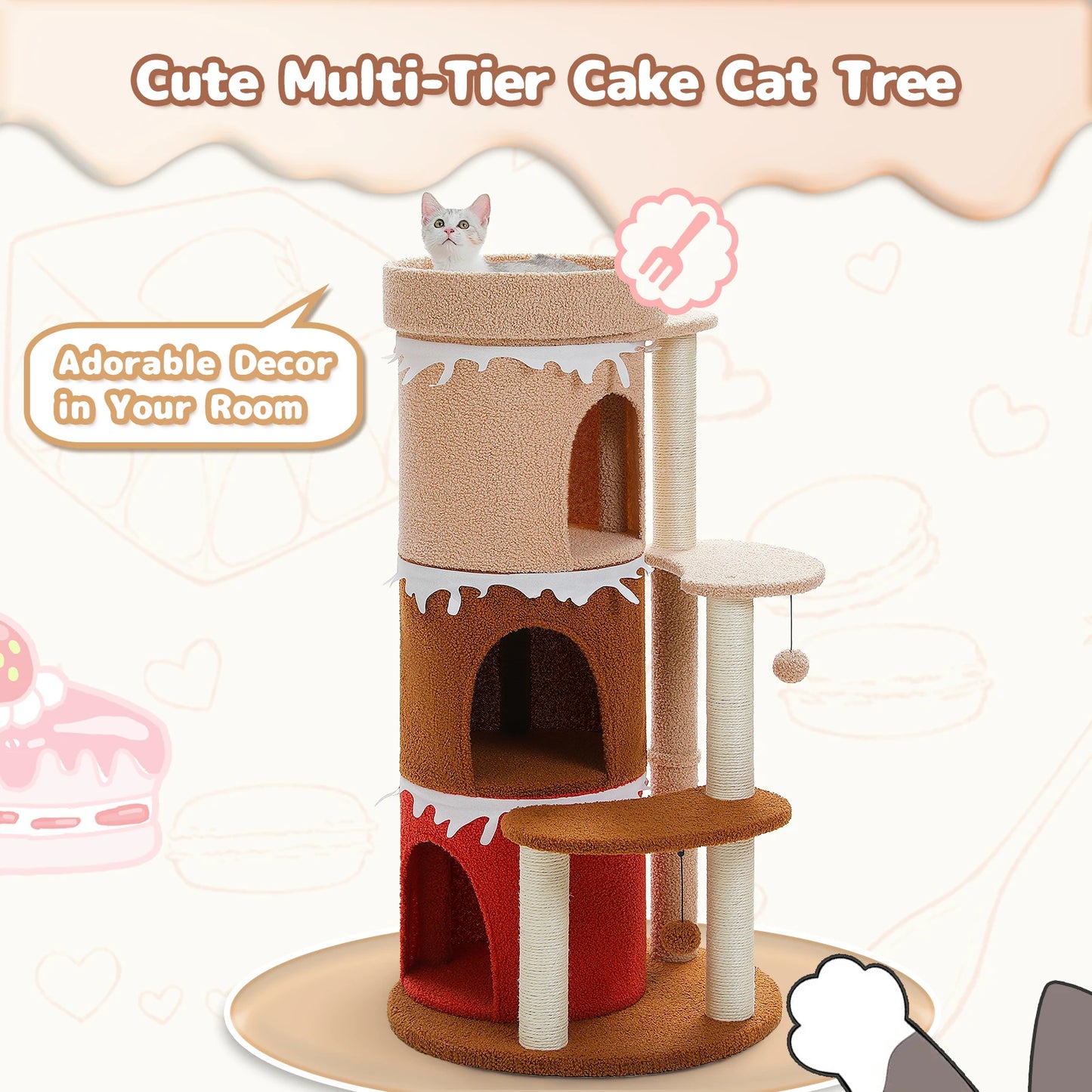Multi-Level Cat Bed Cat House, Large Cat Condos for Indoor, Cute Cat Tree Tower with Sisal Scratching Posts, Pompoms, Kitten Toy