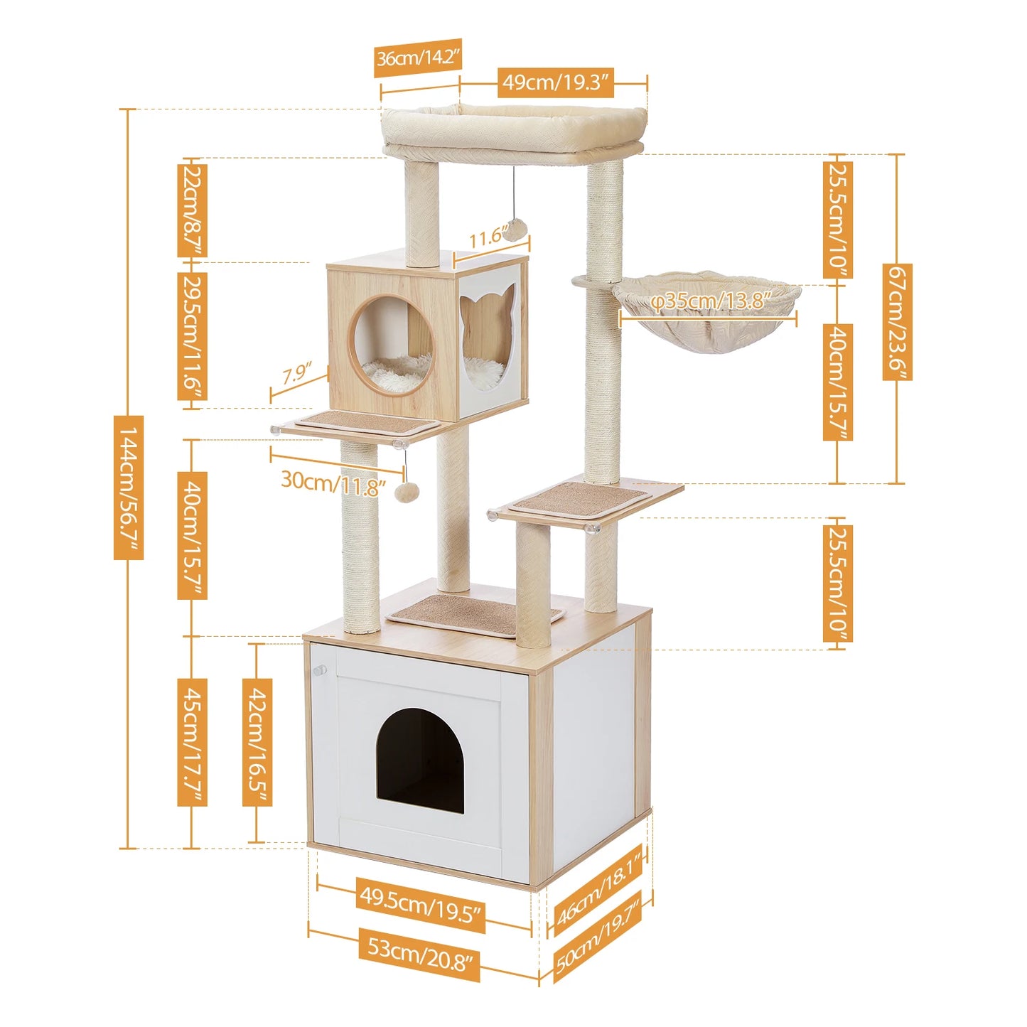Wood Cat Tree with Storage Cabinet Sisal Scratching Post Cozy Cat Condo Soft Hammock Large Cat Tower for Indoor Cat Accessories