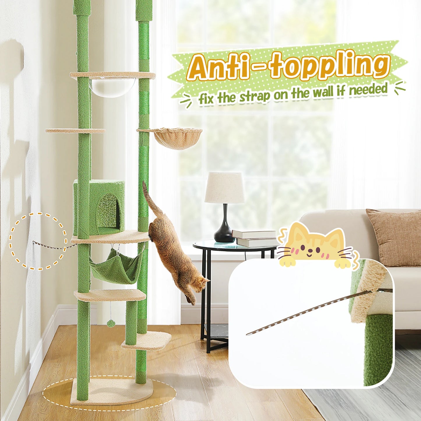 Adjustable Height Tall Cat Tree with Sisal Scratching Posts Spacious Condo Large Hammock Multi-Level Cat Tower Cat Accessories