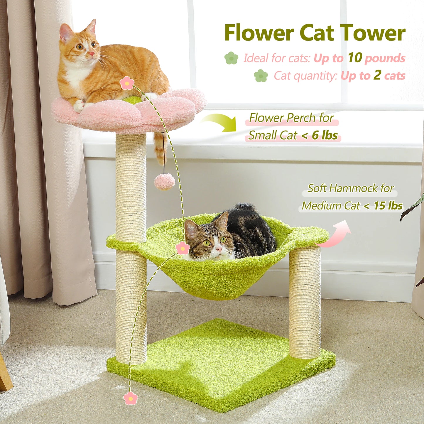 Flower Cat Tree with Sisal Scratching Post Large Hammock Soft Top Perch Small Cat Tower for Indoor Cute Cat Scratcher Kitten Toy