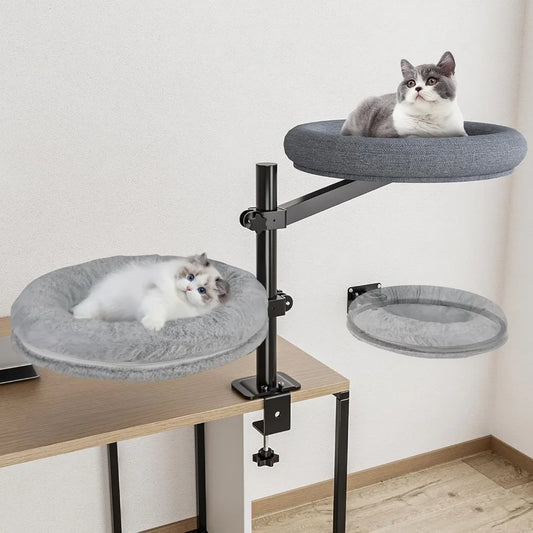 Double Cat Desk Bed, 360° Rotating Elevated Desk Cat Bed, Adjustable Raised Desk Kitten Bed Up to 80 LBS, Washable Soft Fabric P