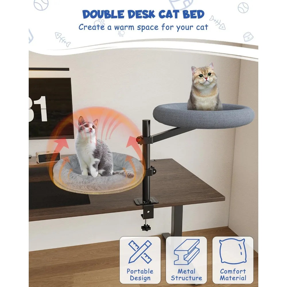 Double Cat Desk Bed, 360° Rotating Elevated Desk Cat Bed, Adjustable Raised Desk Kitten Bed Up to 80 LBS, Washable Soft Fabric P
