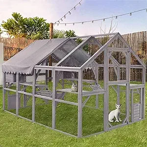 Large Cat Run Wooedn Cat Houses Outdoor Enclosure, Catio Cat Cage Kitten Condo-Backyard Run Cage for Pets, Weather Proof Cover-
