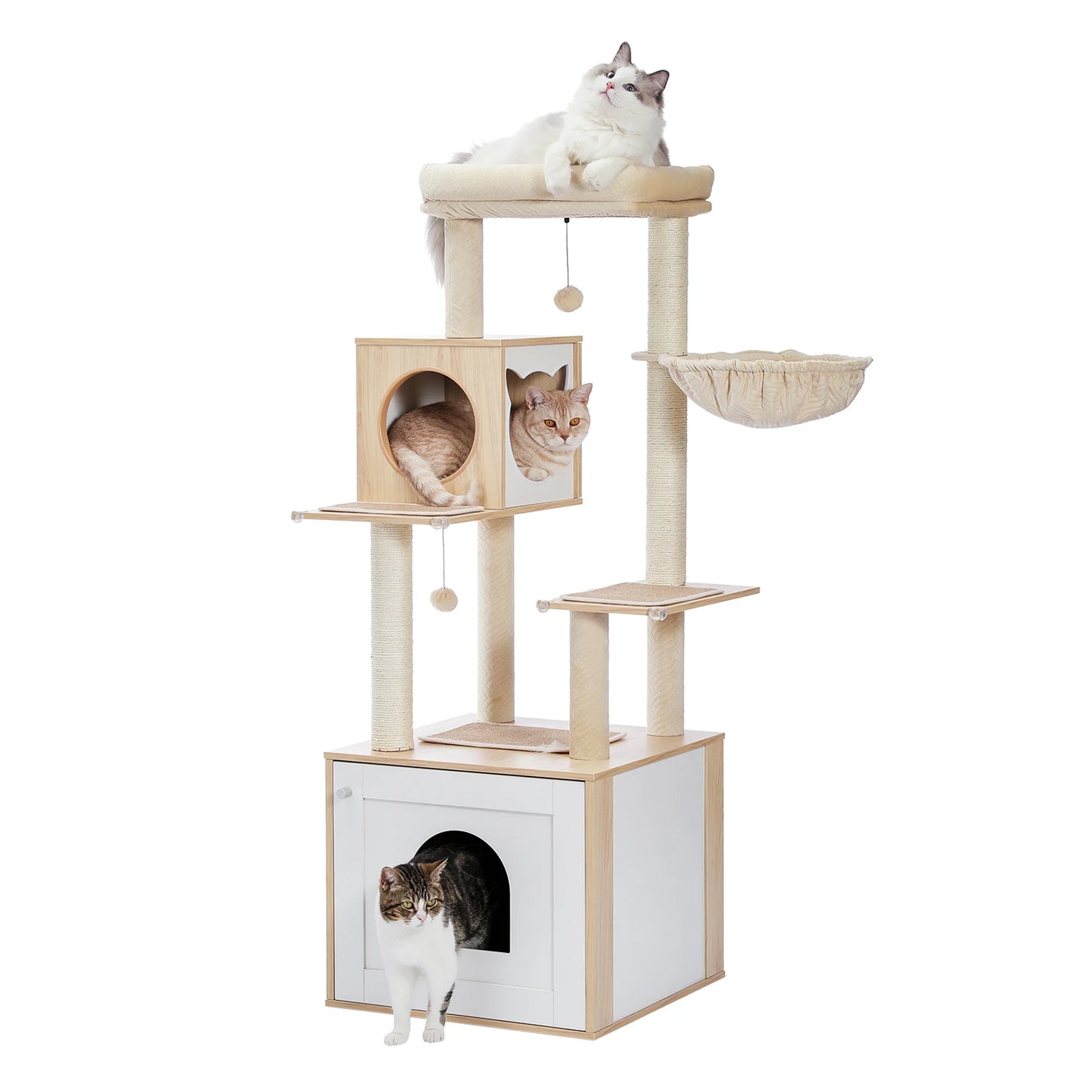 Wood Cat Tree with Storage Cabinet Sisal Scratching Post Cozy Cat Condo Soft Hammock Large Cat Tower for Indoor Cat Accessories