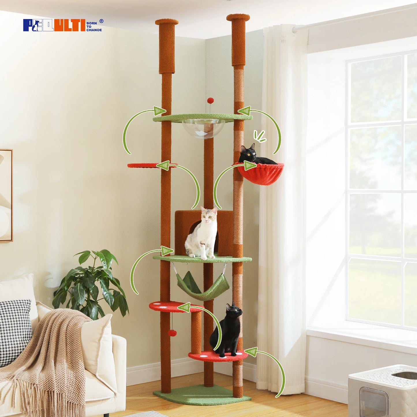 Adjustable Height Tall Cat Tree with Sisal Scratching Posts Spacious Condo Large Hammock Multi-Level Cat Tower Cat Accessories