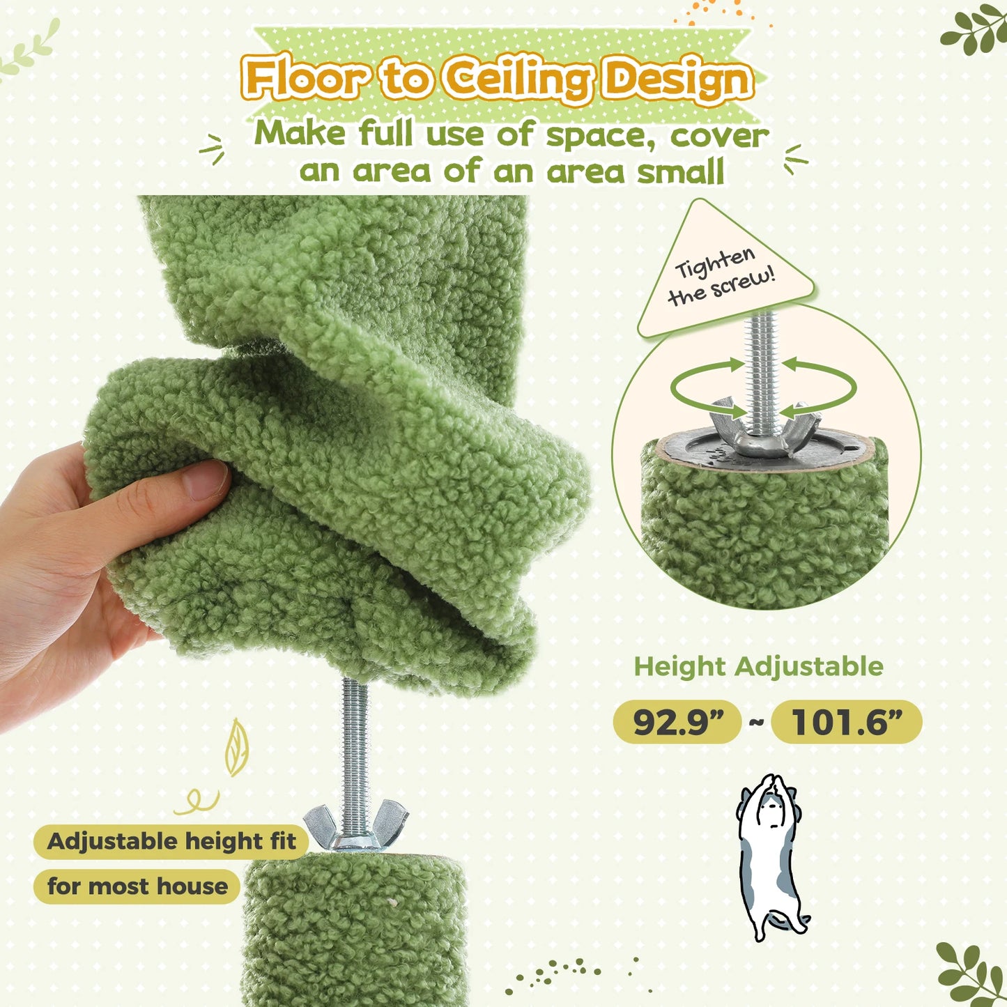 Adjustable Height Tall Cat Tree with Sisal Scratching Posts Spacious Condo Large Hammock Multi-Level Cat Tower Cat Accessories