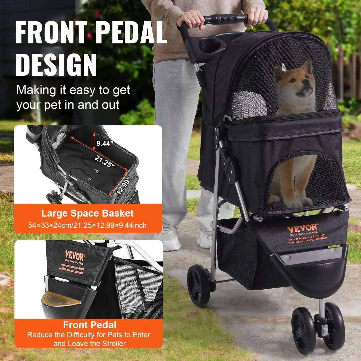 New Pet Stroller, 3 Wheels Dog Stroller Rotate with Brakes, 35lbs Weight Capacity, Puppy Stroller with Front Pedal, Velcro