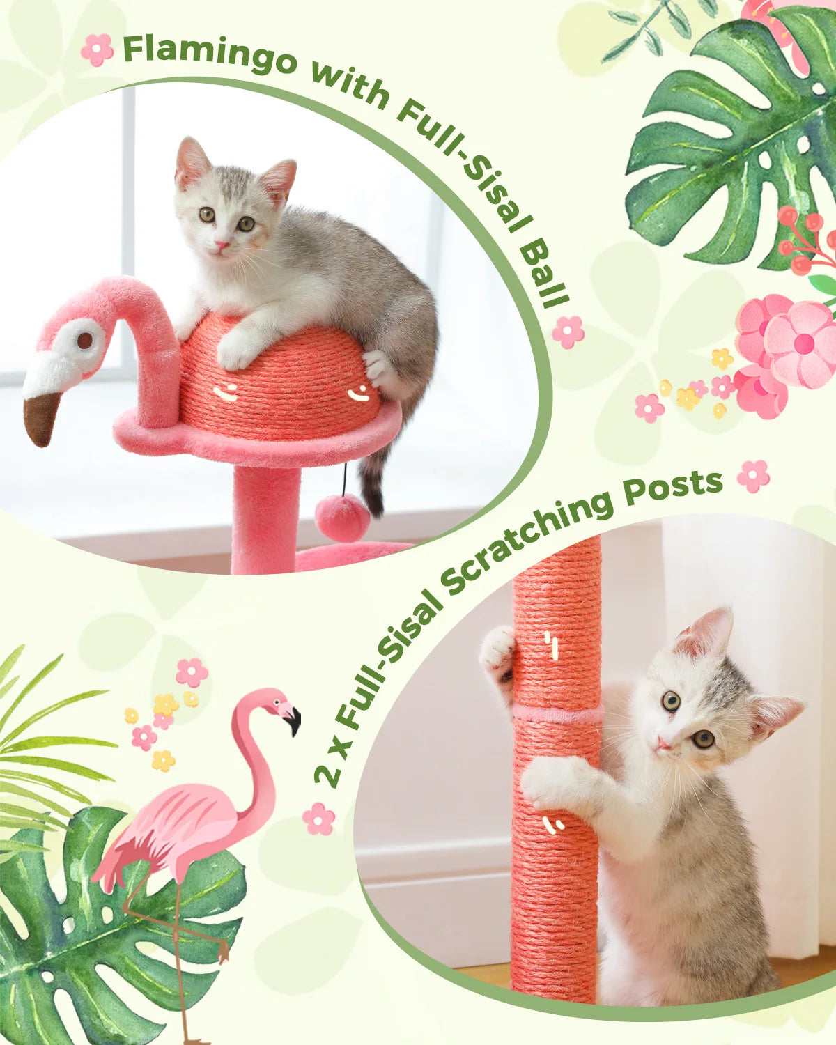 Multi-Level Flamingo Cat Tree with Scratching Posts, Hammock, Perch, Cute Cat Tower, Indoor Pink Cat Scratcher, Kittens Toys