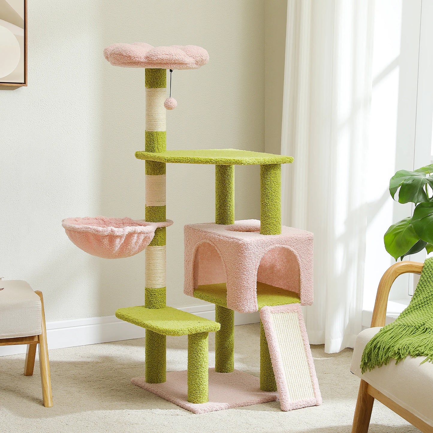 Flower Cat Tree, Multi-Level Cat Tower with Sisal Scratching Posts, Hammock, Ramp, Top Perch, Cat Condo for Indoor, Kitten Toys