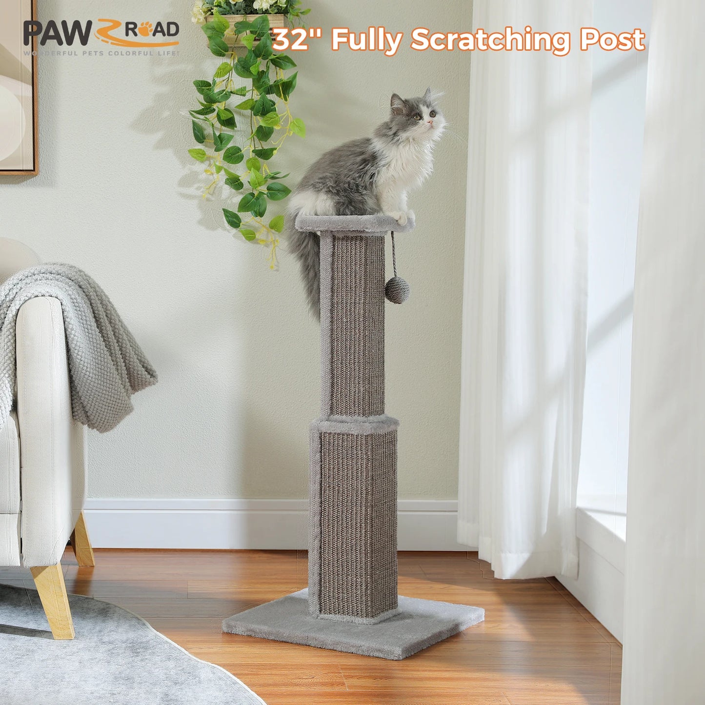 80CM Cat Scratching Post for Indoor Cat Scratcher with Nature Sisal Ball Tall Scratching Post for Large Cats Kitten Pet Toys