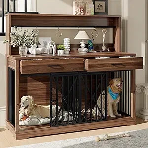 55.1" Dog Crate Furniture Heavy Duty Dog Cage with 2 Storage Drawers and Shelves TV Stand Side End Table Divider Locks for 2 Do