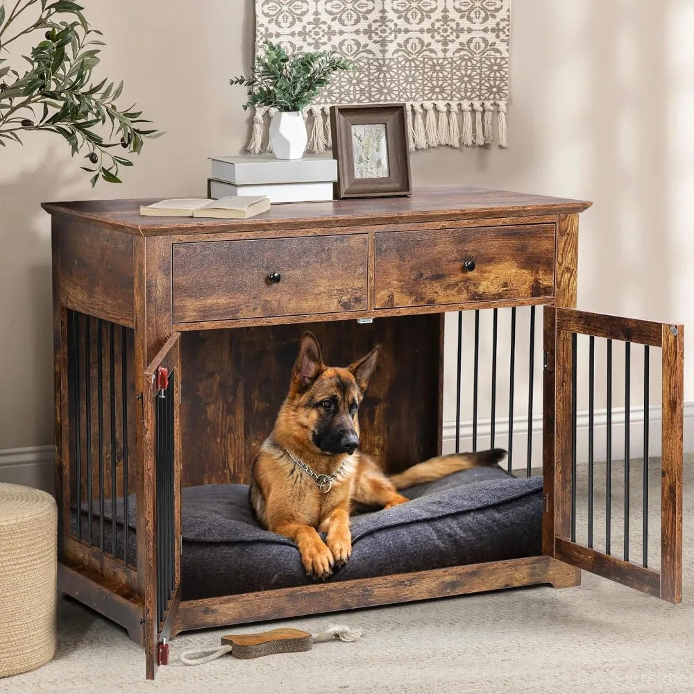 44 Inch Large Dog Crate Furniture,Wooden Dog Kennel End Table with Storage Drawers,Decorative Pet Cage Dog House Indoor for Dogs