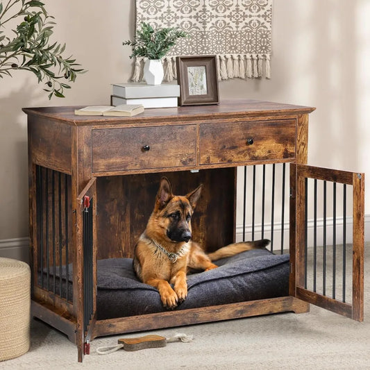 44 Inch Large Dog Crate Furniture,Wooden Dog Kennel End Table with Storage Drawers,Decorative Pet Cage Dog House Indoor for Dogs