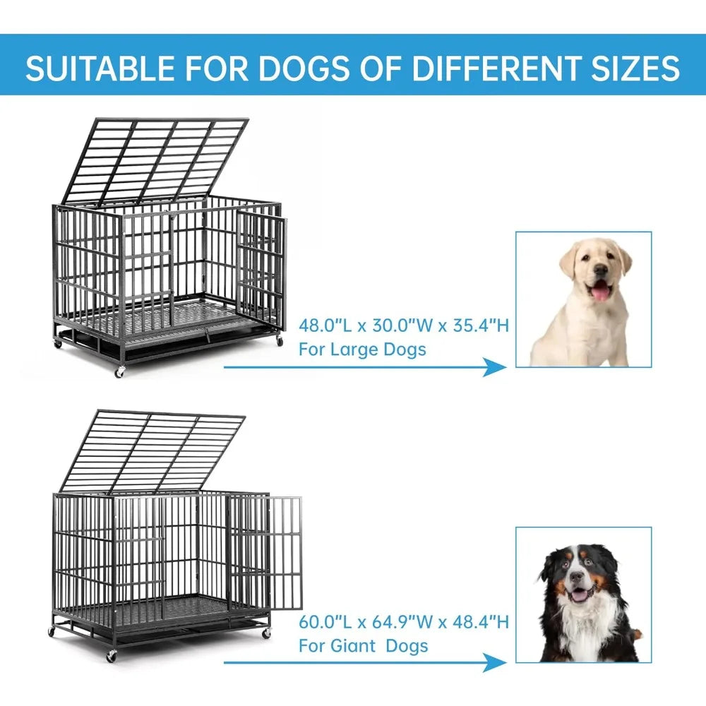 60 inch Heavy Duty Dog Crate, Folding Dog Kennel No Assembly, Escape Proof Large Dog Cage Kennel with Lockable Wheels, High Anxi