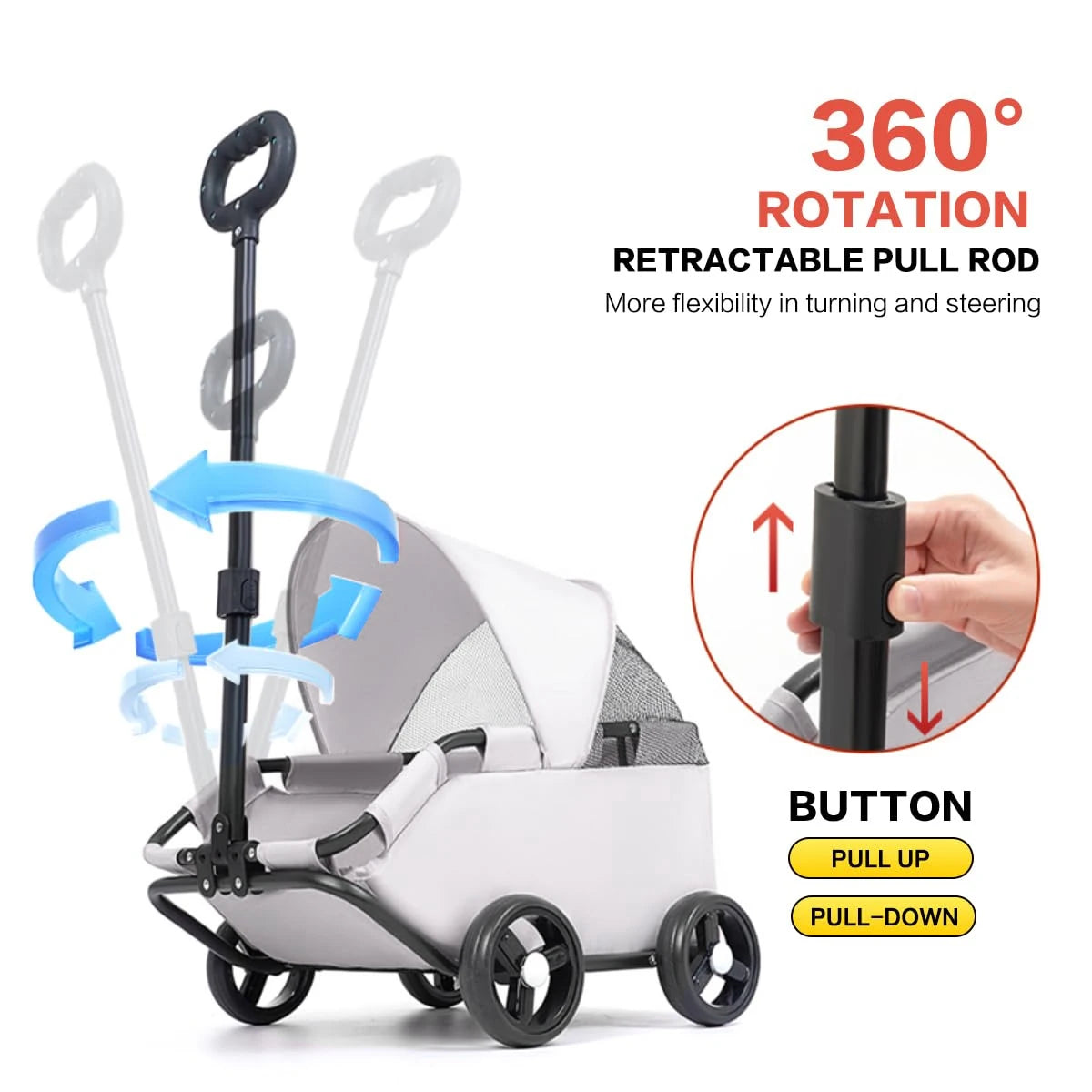 4-Wheeled Pet Stroller For Dogs And Cats - Durable Metal Frame And Oxford Fabric Carrier, Including Travel Water Bottle And Deta