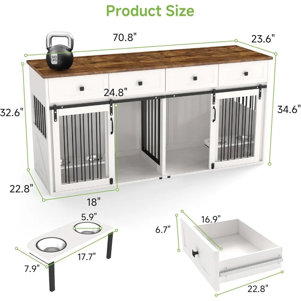 71" Double Dog Crate Furniture, Large Wooden Dog Kennel Furniture with 2 Drawers, Divider and Sliding Door, Indoor Dog House TV