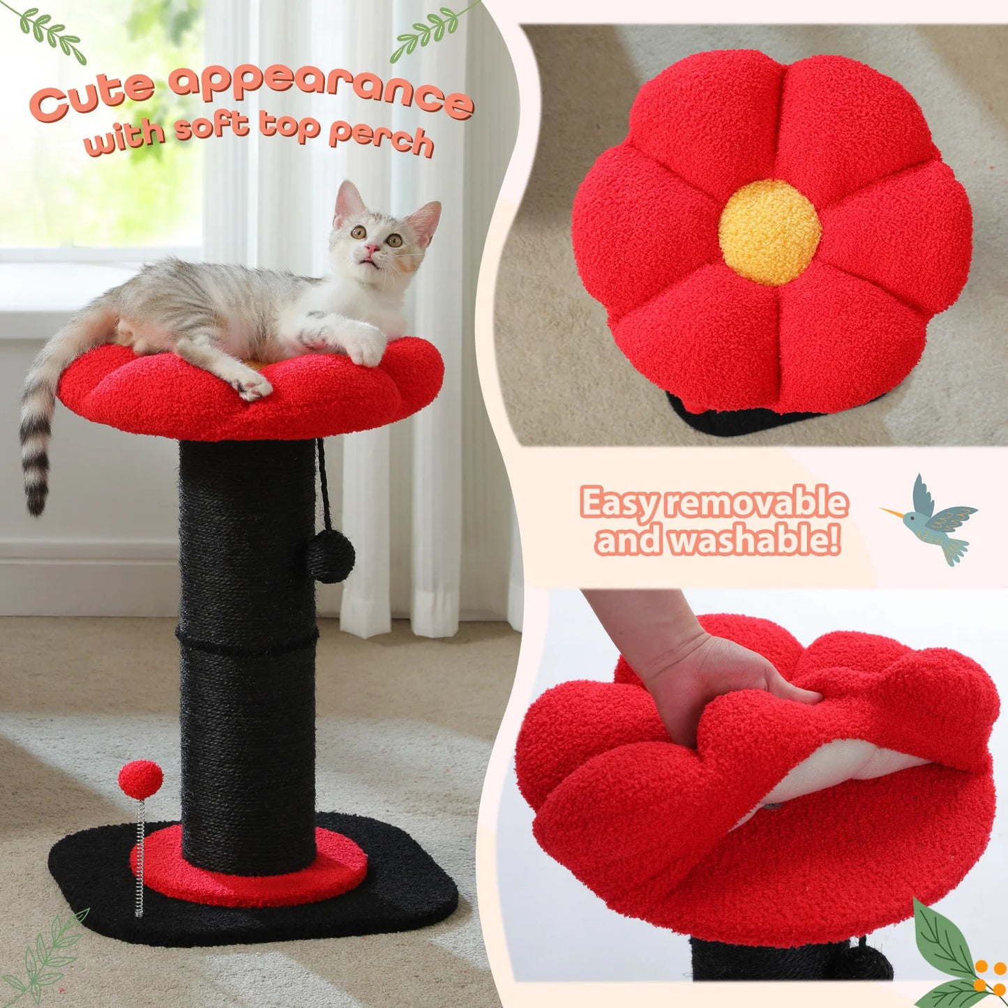 Flower Cat Scratching Post Small Cat Tree Tower Cat Scratcher for Indoor Cats with Super Thick Scratching Post Removable Cat Bed