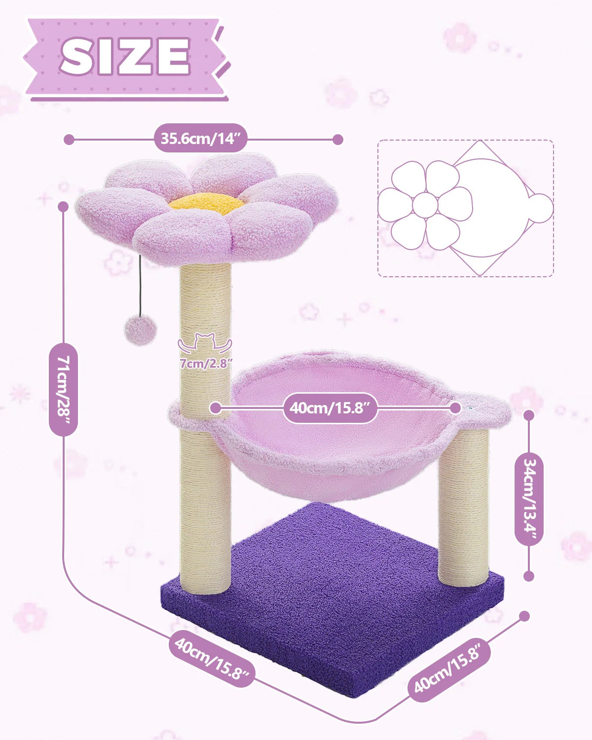 Flower Cat Tree with Sisal Scratching Post Large Hammock Soft Top Perch Small Cat Tower for Indoor Cute Cat Scratcher Kitten Toy